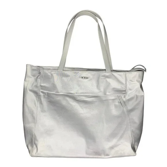 TUMI Nylon Tote Bag Laptop Travel Bag Gray Double Handles Zip Pockets Women's L - Picture 1 of 13